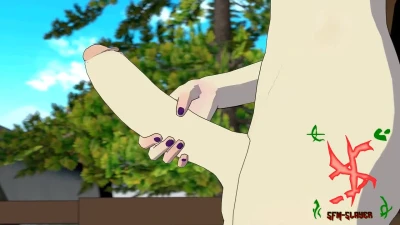 Blake jerking her dick off outdoors