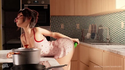 I caught the MILF masturbating with a cucumber in the kitchen.