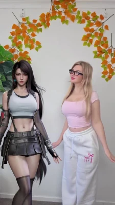 Tifa Lockhart and blonde woman with glasses standing side by side