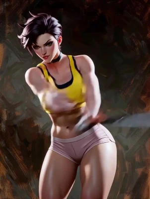 Athletic woman with short spiky purple hair swinging a staff dynamically
