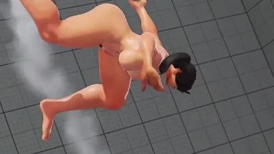 Rainbow Mika and muscular black-haired woman performing nude fighting poses in training room