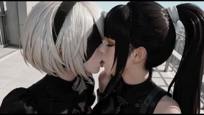 2B and A2 from NieR: Automata in lesbian tribadism and cunnilingus on a sunny balcony