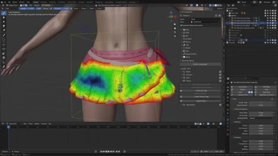 A woman standing in Blender 3D viewport with physics setup