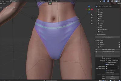 Dark-skinned female 3D model lower torso in Blender UI with purple panties