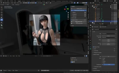 A woman standing in a black dress in a blurred modern interior