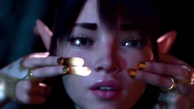 Female elf applying glowing golden strips to her cheek