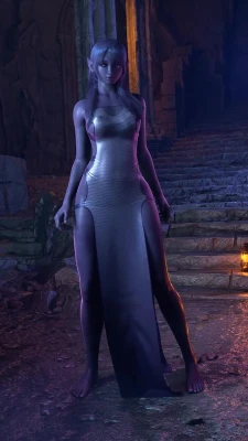 Dark elf summoning pink magic that dissolves her silver dress leaving her nude