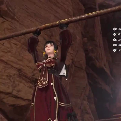 A woman from Stellar Blade hanging from a bar with dress lifted exposing her ass and thong