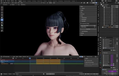 Topless woman with high ponytail and red streaks in Blender 3D viewport