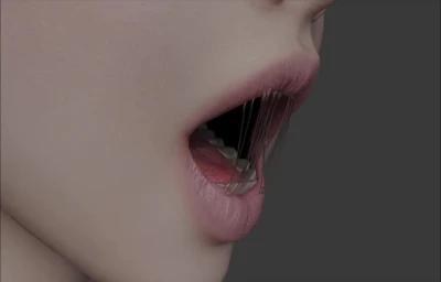 Woman with mouth wide open and saliva strands