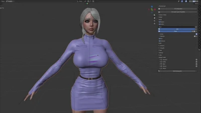 Female character with light grey bob hair undressing in Blender viewport