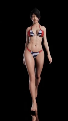 Athletic woman with short black hair walking forward in a modeling gait