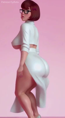 Velma Dinkley futanari turning to show her ass then squeezing her bare breasts
