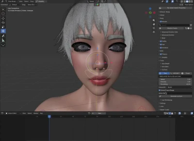 Female character with short silver-grey hair speaking in Blender 3D viewport