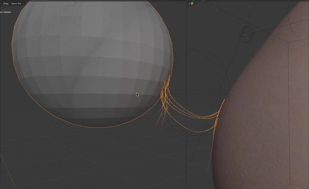 Blender 3D viewport showing curve strands deforming between a grey checkered sphere and skin-textured object - 3D Free Porn | 100% Ad-Free | xporn3d.com