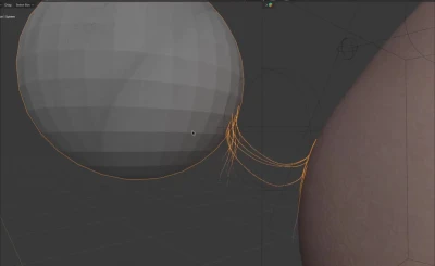 Blender 3D viewport showing curve strands deforming between a grey checkered sphere and skin-textured object