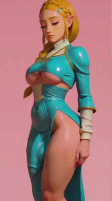 Princess Zelda, an elf, turning to show her ass then pulling up her turquoise latex dress to expose her large bare