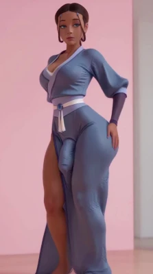 Dark-skinned futanari turning and exposing her breasts in a pink room