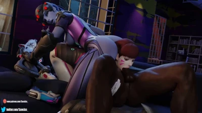 widow bouncing on dva's head while she is sucking cock