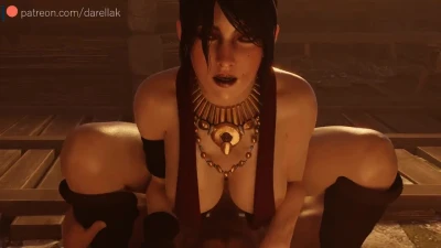Morrigan rides in a tavern