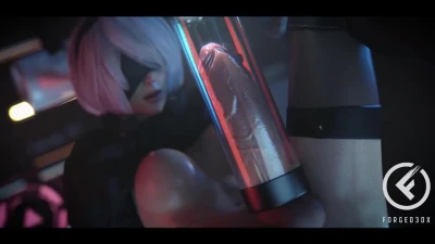 The alluring android 2B is strapped in and ready to upload her DNA.