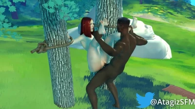 Black Widow tied up in the forest