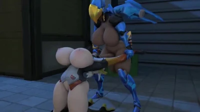 A Futa Pharah Throatfucks and Cum Inflates Mercy.