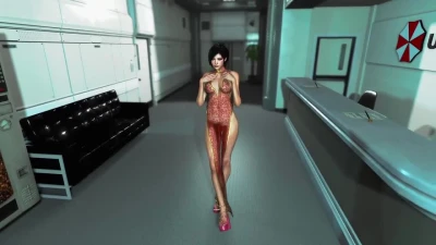 Gorgeous Ada Wong in a transparent dress dances in the Umbrella office