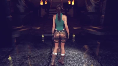 Tanned wanton Lara Croft in torn shorts slow dances in abandoned ruins