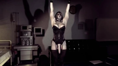 Corrupted shemale Ashley Graham flexing her muscles in black lace corset