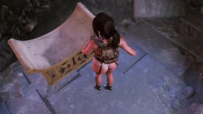 Tanned nude Lara Croft thanks you with lewd dance for helping in dungeon