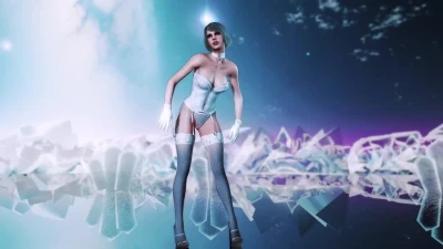 Elegant milf Ashley Graham in white lingerie dances floorwork on ice