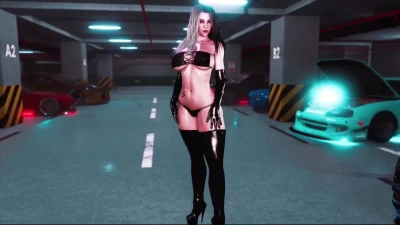 Thick busty Rosanna in sexy latex lingerie dancing alone at parking lot