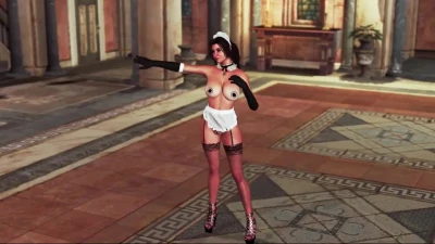 Sultry tonned Lara Croft in maid uniform welcomes guests at country villa