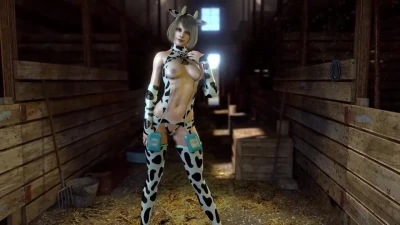 Mature naughty Ashley Graham milked in cow outfit while dancing in farm