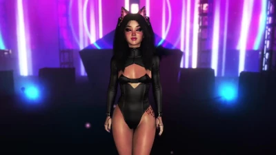 Exotic fluffy cat girl in tight bodysuit dancing alone in night club