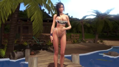 Sporty flirtly Tifa teases you with lowered swimsuit on the summer beach