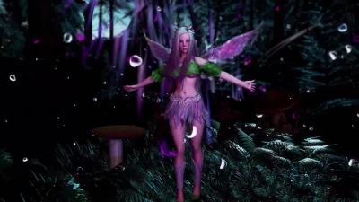 Young virgin fairy with long hair dancing sensually in a fantasy forest