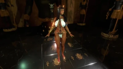 Gorgeous egyptian priestess propitiates the Anubis with depraved dances