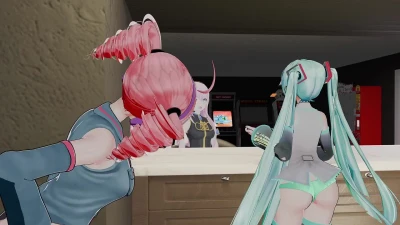 Futa Teto Stretches Miku With Neru and Luka Watching